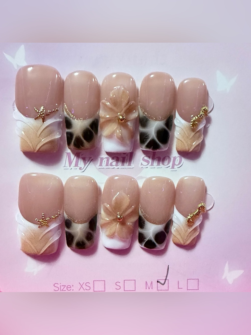 Neutral Beige Floral Press-On Nail Set with Gold Accents